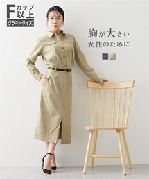 nissen | 【大きい胸専用】サファリ長袖タイトワンピース（ベルト付、ポケット付）(ワンピース)