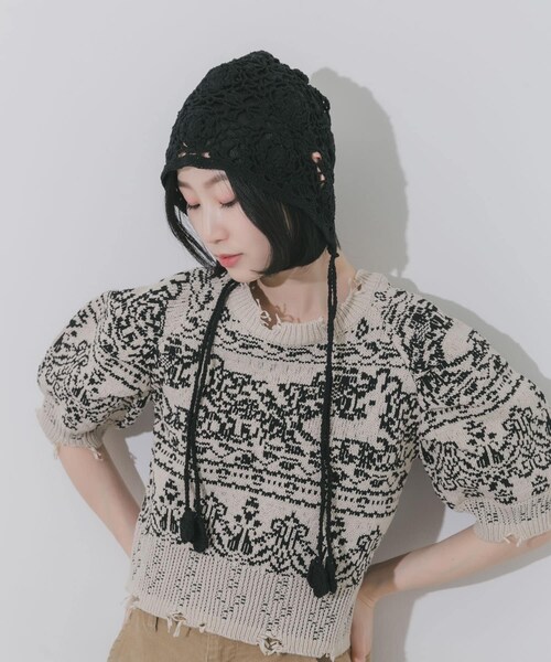 SMELLY（スメリー）の「フラワーデザインボンネット（ニットキャップ/ビーニー・レディース・IVO/BLK・-）」の12枚目の写真