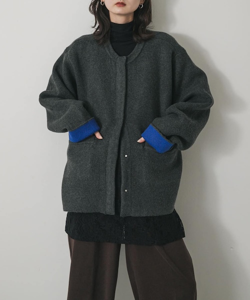 SENSE OF PLACE by URBAN RESEARCH（センスオブプレイスバイアーバンリサーチ）の「バイカラーニットコート（テーラードジャケット・レディース・L.GRY×PNK/CHA×BLU/MOC×YEL/YEL×GRY・one）」の5枚目の写真