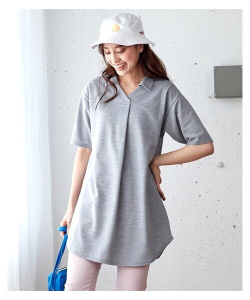 nissen（ニッセン）の「吸汗速乾・ＵＶカットカノコゆるシルエット５分袖ポロチュニック＜大きいサイズ有＞（チュニック・レディース・黒/オフホワイト/ネイビー/杢グレー/マホガニーブラウン/カージナルレッド/フォレストグリーン/ピンク/ブルー/セージグリーン/ターコイズグリーン/ラベンダー/アッシュカーキ・L/LL/3L/4L/5L/6L/8L/10L/S/M）」の18枚目の写真