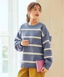 nissen | 大きいサイズかるfuwaビッグシルエット立体ボーダーニット（型崩れしにくい）(ニット/セーター)