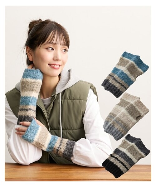nissen（ニッセン）の「モヘアニットマルチボーダーハンドウォーマー（手袋・メンズ・スモークブルー/ライトベージュ/グレー・Y）」の3枚目の写真