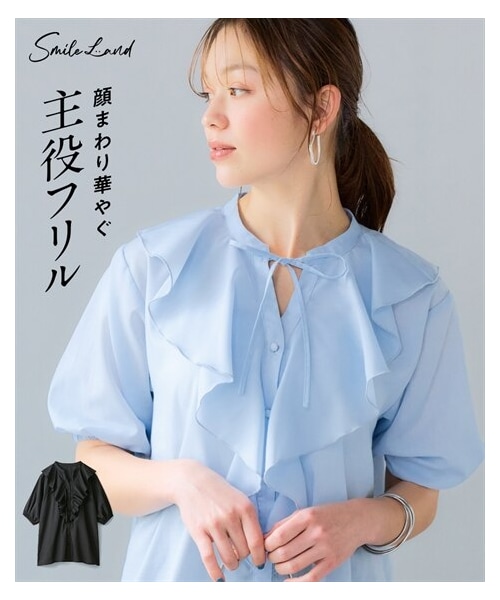 nissen（ニッセン）の「＜大きいサイズ＞５分袖フリルデザインブラウス（シャツ/ブラウス・レディース・サックス/黒・L/LL/3L/4L/5L/6L/8L/10L）」の2枚目の写真