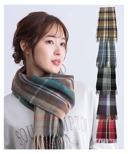 nissen（ニッセン）の「PAGE ONE（ページワン）チェックマフラー（マフラー・メンズ・ダークグレー×サックス/ベージュ系/黒系/チェックG(パープル系)/チェックAD(赤系)・Y）」の2枚目の写真