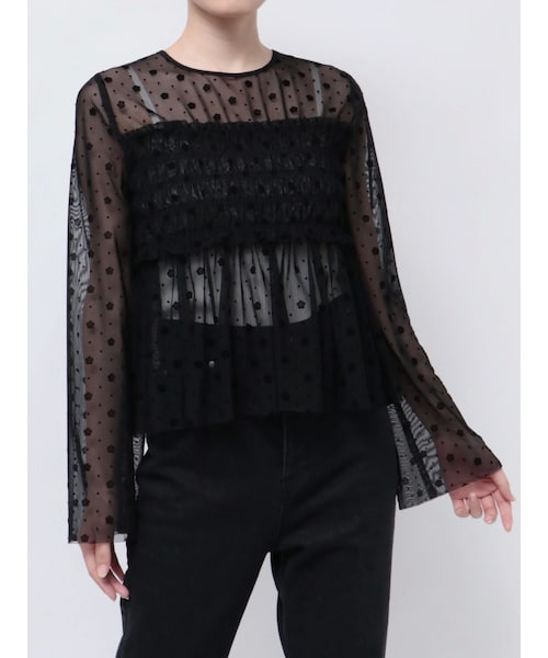 MERCURYDUO(マーキュリーデュオ)の「【MARY QUANTコラボ】フロッキープリントシャーリングカットソー(Tシャツ/カットソー・レディース・オフホワイト/ブラック/アイスブルー・F)」の4枚目の写真