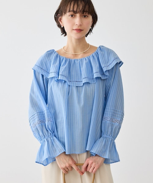 ROPE' PICNIC(ロペピクニック)の「お着軽シャツシリーズ レース使い2WAYオフショルシアーブラウス/接触冷感・通気性(シャツ/ブラウス・レディース・ブラック/ホワイト/ブルー系/イエロー・F)」の5枚目の写真