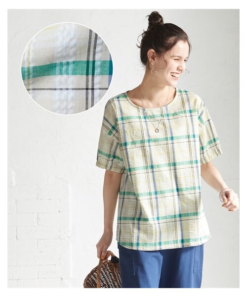 nissen（ニッセン）の「大きいサイズ綿100%涼やかさらさらサッカー生地５分袖Ｔブラウス（シャツ/ブラウス・レディース・マルチカラーギンガムチェック/ラズベリー系チェック/ネイビー系チェック/サンドベージュ系チェック・L/LL/3L/4L/5L/6L/8L/10L）」の10枚目の写真