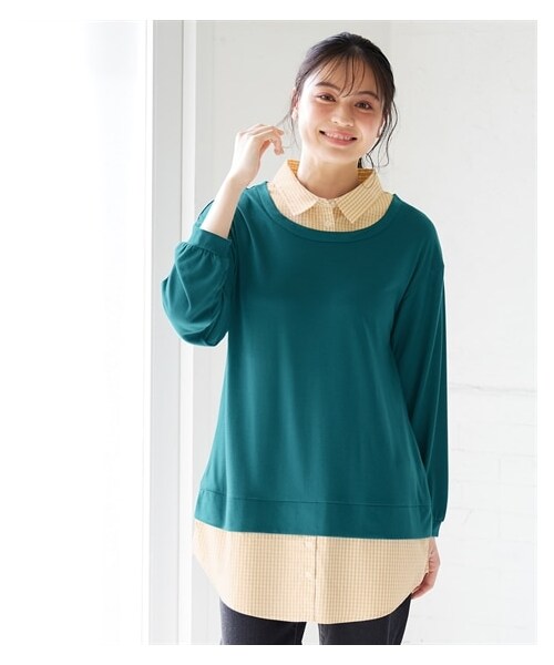 nissen（ニッセン）の「大きいサイズ　綿混衿付重ね着風カットソーチュニック（チュニック・レディース・ローズピンク×グレー系ストライプ/ネイビー×ブルー系ストライプ/黒×黒系ギンガム/グリーン×ベージュ系ギンガム/杢グレー×ピンク系ストライプ/スモーキーブルー×黒系ストライプ/ラズベリー×ベージュ系ギンガム/カーキ×ネイビー系ストライプ・L/LL/3L/4L/5L/6L/8L/10L）」の20枚目の写真