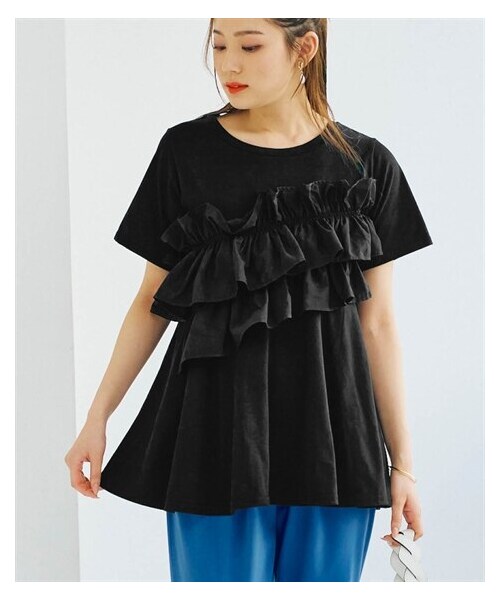 nissen（ニッセン）の「アシンメトリーフリルデザイントップス（Tシャツ/カットソー・レディース・黒/オフホワイト・S/M/L/LL）」の6枚目の写真