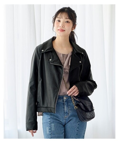 nissen（ニッセン）の「大きいサイズ ラクしてキレイ見え　リブ使いフェイクレザーライダースジャケット（ジャケット/アウター・レディース・ブラウン/黒・L/LL/3L/4L/5L/6L/8L/10L）」の6枚目の写真