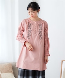 nissen | 大きいサイズ 綿１００％肌触り柔らか起毛刺しゅう使いビエラチュニックブラウス(チュニック)