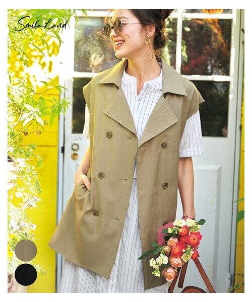 nissen（ニッセン）の「大きいサイズ ドロップショルダートレンチジレ（共布ベルト付）（ベスト・レディース・カーキ/黒・L/LL/3L/4L/5L/6L/8L/10L）」の2枚目の写真