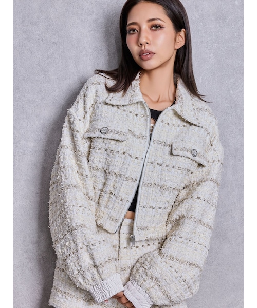 GYDA（ジェイダ）の「Symmetry GYDAラメツイードジャケット（その他アウター・レディース・アイボリー/ブラック/ミントグリーン・F）」の2枚目の写真