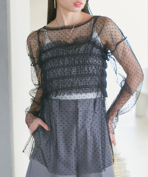 VIS(ビス)の「【SET】チュールレイヤードカットソー&ビスチェキャミソール(Tシャツ/カットソー・レディース・ブラック/ブラック系/グレー/キナリ・F)」の14枚目の写真