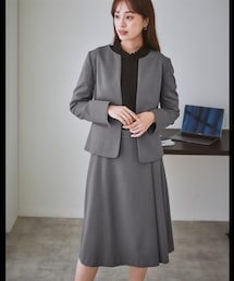 7days Life Styling | 【レディーススーツ】スカートスーツ（キーネックノーカラージャケット＋ラップ風セミフレアスカート）（ストレッチウール調シリーズ）(スーツセット)