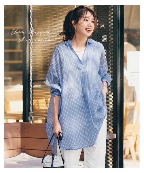 nissen（ニッセン）の「シアースキッパーシャツチュニック（チュニック・レディース・ブルー系ストライプ/ブラウン系ストライプ/チャコールグレー・S/M/L/LL）」の3枚目の写真