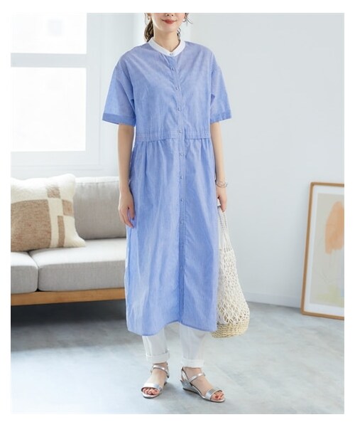 nissen（ニッセン）の「大きいサイズ ウエスト切替綿混シャツワンピース（ワンピース・レディース・オフホワイト系/ピンクベージュ系/ブルー系・L/LL/3L/4L/5L/6L/8L/10L）」の12枚目の写真