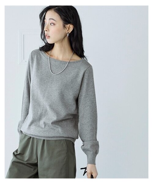 nissen（ニッセン）の「洗えるＵＶカット綿１００％ボートネックニット＜大きいサイズ有＞（ニット/セーター・レディース・黒/杢グレー/オフホワイト/グレージュ/アイスブルー杢/ライムイエロー/モーブグリーン/チャコールグレー杢/パープル/オーキッドピンク/ソフトライム・S/M/L/LL/3L/4L/5L/6L/8L/10L）」の5枚目の写真