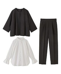 nissen | 小さいサイズ　【入学式・卒業式・フォーマル】フォーマル３点セット（ノーカラージャケット+袖フリルブラウス+テーパードパンツ）　低身長さん・小柄女性(スーツセット)