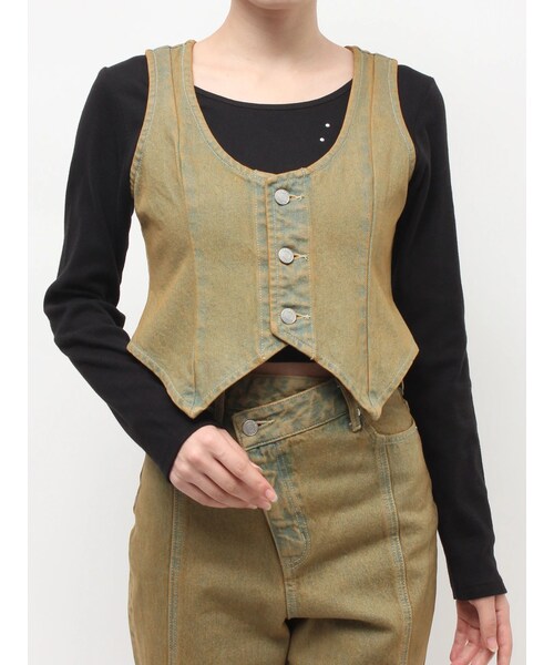 EVRIS（エヴリス）の「ヴィンテージライクデニムベスト【セットアップ着用可能】（ベスト・レディース・インディゴ/ベージュ・F）」の4枚目の写真