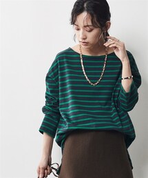 CHIC STYLE | 大きいサイズ綿100％ボーダーボートネックカットソープルオーバーシックスタイル(Tシャツ/カットソー)