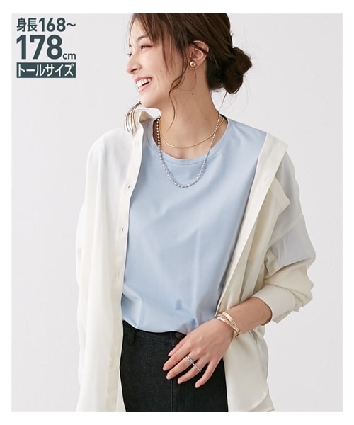 nissen（ニッセン）の「高身長　綿混ONにもOFFにも使えるキレイ見えＴシャツ　（トールサイズ）（Tシャツ/カットソー・レディース・ホワイト/ブルー/グレー/黒/ブルーグレー/ミントグリーン・MTT/LTT/LLTT/3LTT/4LTT/5LTT）」の6枚目の写真