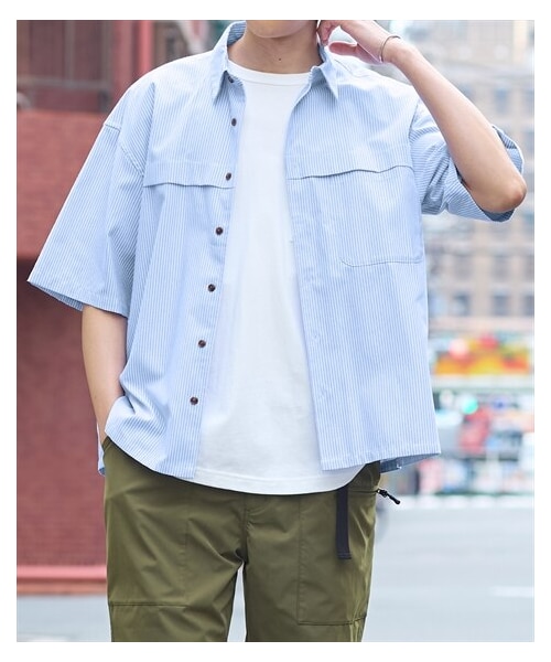 nissen（ニッセン）の「オーバーサイズストライプポケット付5分袖シャツ【大きいサイズ有】（シャツ/ブラウス・メンズ・サックスストライプ/黒ストライプ・M/L/LL/3L/4L/5L/6L/8L/10L）」の16枚目の写真