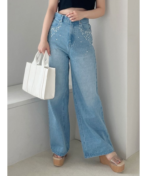 MERCURYDUO（マーキュリーデュオ）の「ビジュー付ハイウエストデニム（デニムパンツ・レディース・ブルー/インディゴ・S/M）」の5枚目の写真