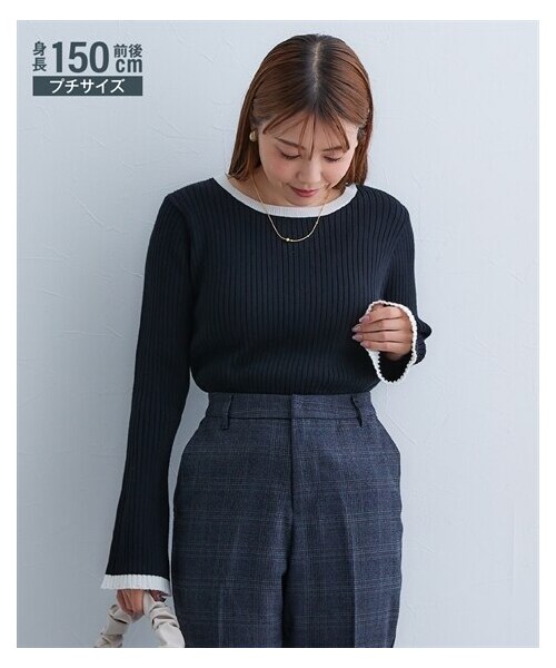 nissen（ニッセン）の「小さいサイズ　袖フレア配色リブニット　低身長さん・小柄女性（ニット/セーター・レディース・オフホワイト/ラベンダー/ブラック/ベージュ・PSS/PS/PM/PL）」の3枚目の写真