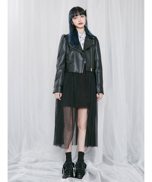 EATME（イートミー）の「チュールコンビフェイクレザーライダース（ライダースジャケット・レディース・ブラック/ベージュ・S/M）」の2枚目の写真