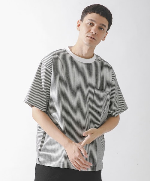 URBAN RESEARCH Sonny Label（アーバンリサーチサニーレーベル）の「接触冷感リネン混ショートスリーブTシャツ（Tシャツ/カットソー・メンズ・ストライプ/チャコール/ブラック・M/L/XL）」の3枚目の写真