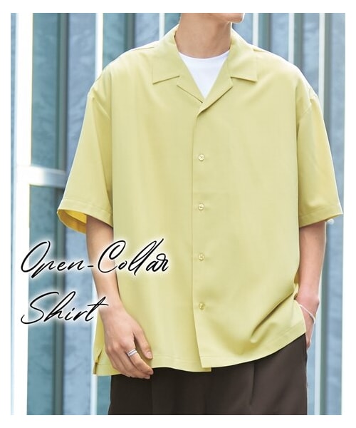 nissen（ニッセン）の「オーバーサイズオープンカラー5分袖シャツ【大きいサイズ有】（シャツ/ブラウス・メンズ・スモーキーイエロー/チャコール・M/L/LL/3L/4L/5L/6L/8L/10L）」の2枚目の写真