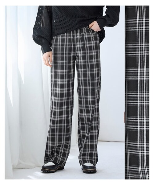 nissen（ニッセン）の「大きいサイズ 着映えするチェック柄セミワイドパンツ（ゆったりヒップ）（パンツ・レディース・ベージュ系チェック/黒系チェック/グリーン系チェック/オレンジ系チェック・L/LL/3L/4L/5L/6L/8L/10L）」の2枚目の写真