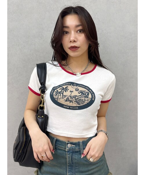 EVRIS（エヴリス）の「リンガーグラフィックショートTシャツ（Tシャツ/カットソー・レディース・ホワイト/ブラック/マスタード・F）」の8枚目の写真