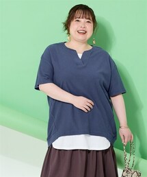 nissen | ＜大きいサイズ＞綿１００％やわらかドライタッチパイル５分袖キーネックコクーンゆるプルオーバー（吸汗速乾）(Tシャツ/カットソー)