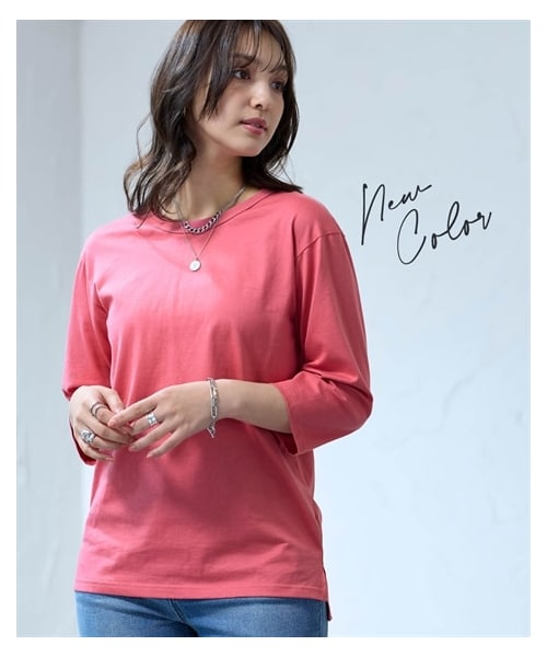 nissen（ニッセン）の「綿１００％汗染みしにくいクルーネック７分袖Ｔシャツ＜大きいサイズ有＞（Tシャツ/カットソー・レディース・黒/ネイビー/オフホワイト/グレイッシュモカ/モスカーキ/ロイヤルグリーン/スモークピンク/アプリコット/ライムイエロー/ダークグリーン/ラズベリー/グレイッシュパープル/ソフトピンク/赤・L/LL/3L/4L/5L/6L/8L/10L/M/S）」の13枚目の写真