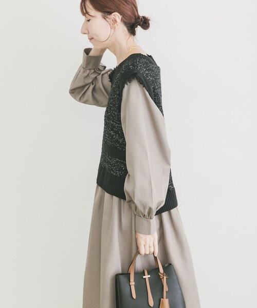 ITEMS URBANRESEARCH(アイテムズ アーバンリサーチ)の「ツイードニットドッキングワンピース(ワンピース・レディース・BLK×WHT/BLK・FREE)」の4枚目の写真
