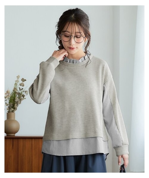 nissen（ニッセン）の「＜大きいサイズ＞衿フリル異素材切替トップス（Tシャツ/カットソー・レディース・グレー/黒/ベージュ・L/LL/3L/4L/5L/6L/8L/10L）」の21枚目の写真