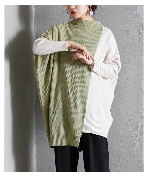 nissen（ニッセン）の「配色デザインプチハイネックロング丈ニット [Soiunique]（ニット/セーター・レディース・キャメル×ネイビー/ブラック×オフベージュ/杢グレー×アイボリー/グレージュ×ネイビー/ソフトグリーン×アイボリー/杢チャコール×黒/アイボリー×グレージュ・Y(M-LL)/S~LL）」の8枚目の写真