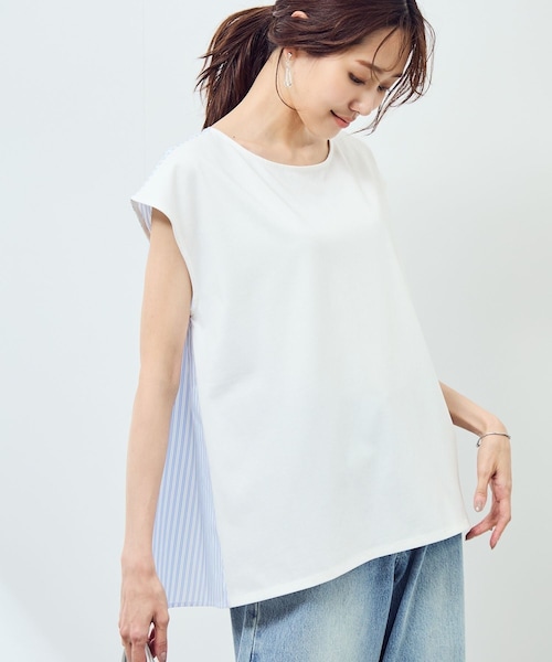 ROPE' PICNIC(ロペピクニック)の「ストライプドッキングフレンチスリーブプルオーバー(Tシャツ/カットソー・レディース・ホワイト系/ネイビー・38)」の1枚目の写真