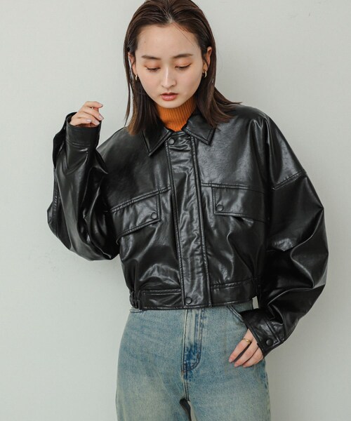 SENSE OF PLACE by URBAN RESEARCH(センスオブプレイスバイアーバンリサーチ)の「クロップドレザーライクブルゾン(ブルゾン・レディース・IVORY/BLACK/NAVY・one)」の18枚目の写真