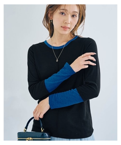 nissen（ニッセン）の「バイカラーシアー切り替えトップス（Tシャツ/カットソー・レディース・黒×ブルー/杢グレー×黒/オレンジ×杢グレー・S/M/L/LL）」の6枚目の写真