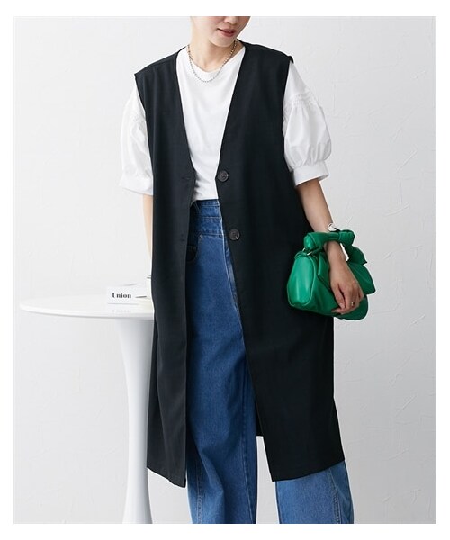 nissen（ニッセン）の「リネンライク　ノーカラーロングジレ（ベスト・レディース・アイボリー/ブラック・M/L）」の2枚目の写真