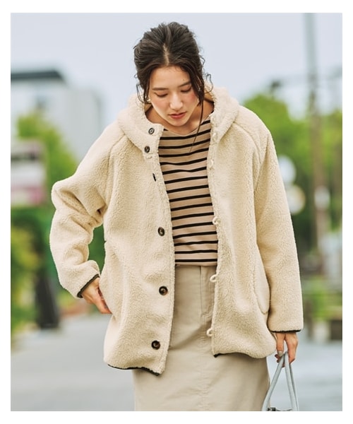 nissen（ニッセン）の「大きいサイズ ふんわりあたたか裏フリースシープ調ボタンデザインブルゾン（ジャケット/アウター・レディース・くすみピンク/アイボリー/カーキ/ネイビー・L/LL/3L/4L/5L/6L/8L/10L）」の13枚目の写真