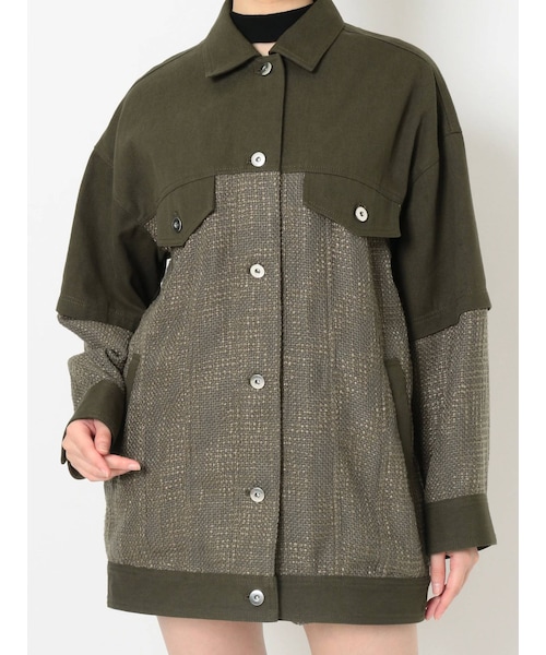 MURUA（ムルーア）の「ツイードミックスオーバージャケット（ノーカラージャケット・レディース・ブラック/ホワイト/カーキ・F）」の3枚目の写真
