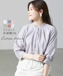 nissen | 【洗える】七分袖スタンドカラーカットソーブラウス【ＵＶカット・洗濯機ＯＫ】　きれいめ　上品　大人カジュアル　こなれ感　通勤　お出かけ　ストレッチ　秋(シャツ/ブラウス)