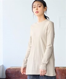 SMILE LAND | 綿100%フライス素材モックネックフレアチュニックTシャツ(UVカット)<大きいサイズ有>(Tシャツ/カットソー)