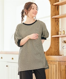 nissen | ＜大きいサイズ＞リブ使いシャーリング楊柳袖タックパフスリーブゆるチュニック(Tシャツ/カットソー)