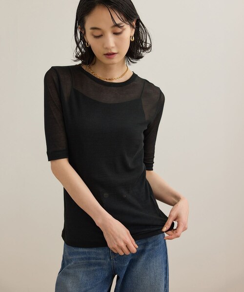 ROPE'(ロペ)の「シアーフライス5分袖プルオーバー(Tシャツ/カットソー・レディース・ブラック/ホワイト・F)」の6枚目の写真