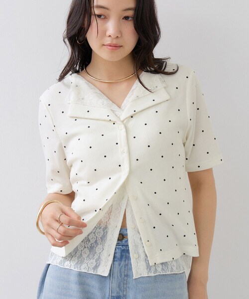 VIS(ビス)の「ドット&無地 レースドッキングレイヤード風リブカットソー(Tシャツ/カットソー・レディース・オフホワイト/ネイビー/サックス・F)」の10枚目の写真